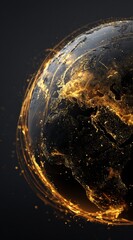 World glowing in golden sparkling light with copy space, realistic stock photography concept of global connection and hope