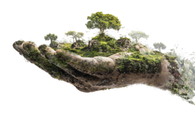 Composite image of a hand cradling a miniature island with trees and greenery