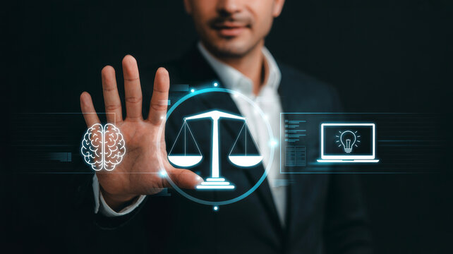 A businessman in a suit interacts with digital law and brain icons in a futuristic interface - Powered by Adobe