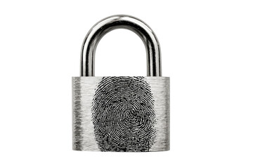A metallic padlock with a fingerprint overlay. Symbol of security, safety and identity