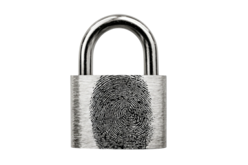 A metallic padlock with a fingerprint overlay. Symbol of security, safety and identity