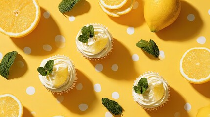 Flat lay with lemon cupcakes citrus slices mint leaves and a yellow polka-dot backdrop fresh and zesty