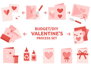 Flat lay illustration of Valentine's Day card and sprinkles. Use for social media, cards, invitations, and advertising with a romantic, loving mood.