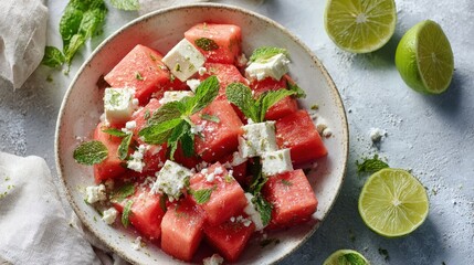 Vegan dish Flat lay of a refreshing watermelon feta salad vegan feta with mint and lime summer vibes