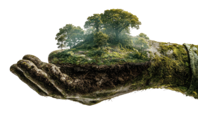 Composite image of a hand cradling a miniature forest, showcasing environmental themes