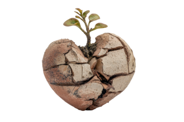A plant grows from a broken clay heart, symbolizing resilience and rebirth