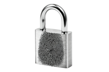 A metallic padlock with a fingerprint overlay, suggesting biometric security