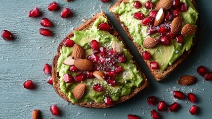 A colorful flat lay of vegan breakfast avocado toast chia pudding almond butter and fresh pomegranate seeds