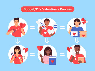 Illustration of a woman making a heart decoration with scissors. Could be used for Valentines Day or other celebrations. Has a happy mood.