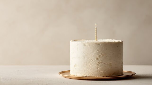 Minimalist birthday cake with smooth white frosting a single gold candle and subtle texture modern elegance