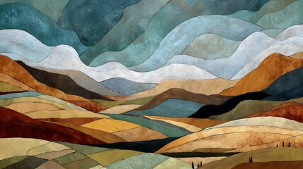 Abstract landscape painting with layered, stylized hills and valleys, various colors