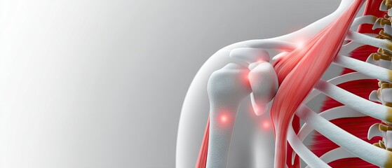 Elderly woman showing shoulder pain with highlighted joint and muscle areas in a medical representation on a white background