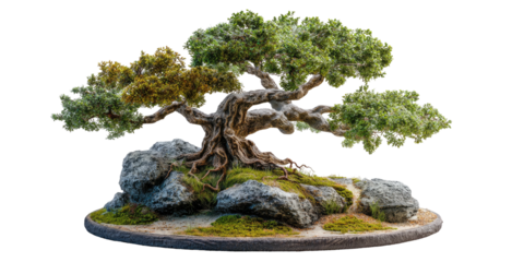 Miniature tree with twisted trunk and green foliage growing on rocks, a bonsai style