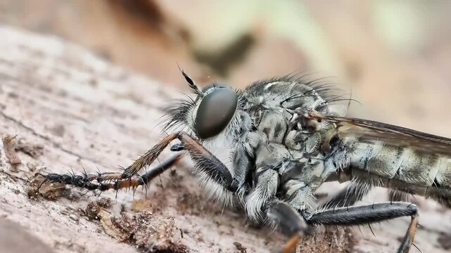 Asile &agrave; t&ecirc;te blanche (Philonicus albiceps) pos&eacute; sur le sol, mouche pr&eacute;datrice de la famille des Asilidae