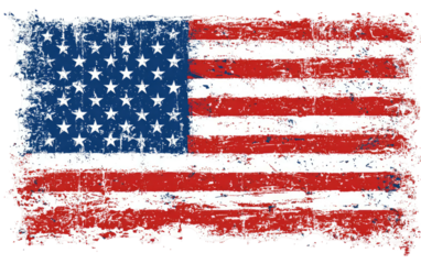 A worn, distressed flag featuring stars and stripes in classic red, white, and blue