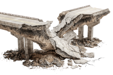 Severely damaged highway bridge, broken in two, with debris and exposed infrastructure