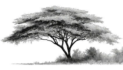 Monochrome silhouette of a sprawling, leafy tree against a stark black background