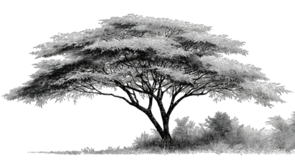 Monochrome silhouette of a sprawling, leafy tree against a stark black background