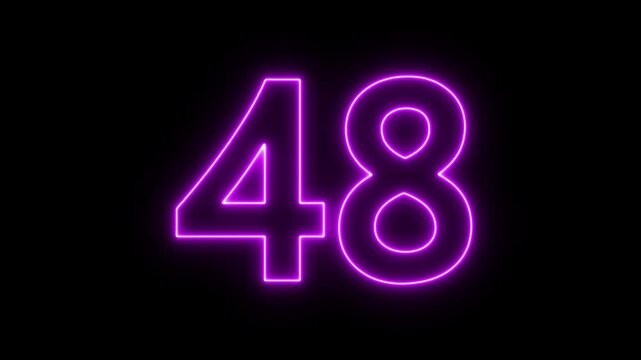 glowing neon text 48 number countdown icon. flickering neon number 48 on black background.