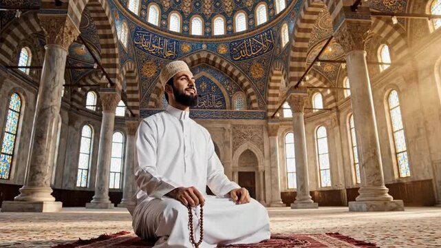Serene moment of a devout Muslim man engaged in prayer and reflection, holding prayer beads inside the beautifully adorned historic mosque