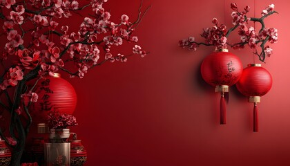 Red lanterns and Angpao on red background