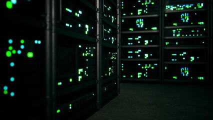 In a dimly lit data center, rows of cabinets with colorful lights pulse softly. This high tech space showcases numerous servers tirelessly processing information around the clock.