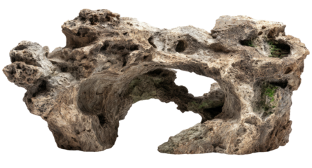 Textured, weathered, light brown ornamental rock formation with openings and subtle green accents