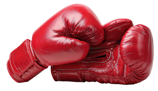 Pair of vibrant, red leather boxing gloves overlapping against a transparent background - Powered by Adobe