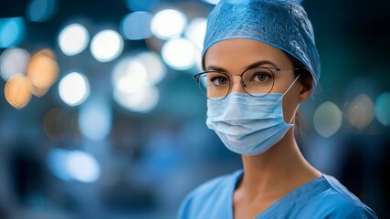 Confident female doctor in surgical mask and scrubs stands with eyes closed, reflecting calmness and focus in a modern hospital environment. Medical professional embodies dedication and resilience