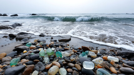 Plastic pollution of the ocean is an environmental problem. Dirty sea beach, garbage on seashore. A global problem, a threat to ocean wildlife and calling for urgent action to protect the environment.
