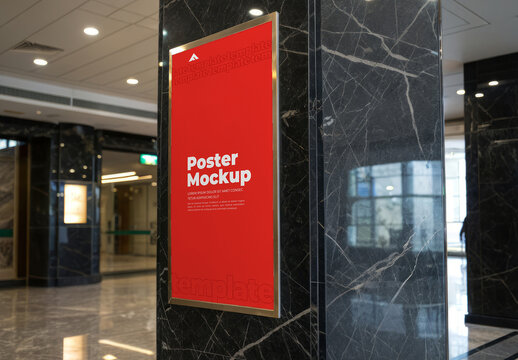 Poster Mockup on Vertical Marble Column for Architectural Branding