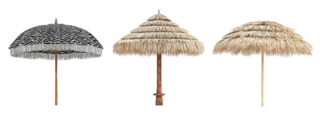 Three stylized beach umbrellas with various thatched roofs on wooden poles, isolated against black
