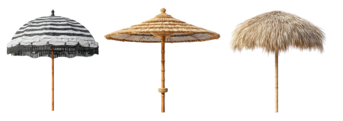 Three diverse parasols, one striped, one woven, and one shaggy. They are each isolated on black