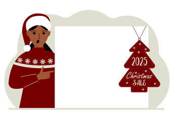 A woman near a large white sheet of paper with a big sale label on it. New Year.