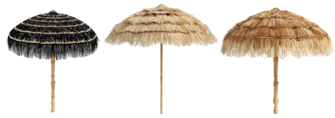 Three beach umbrellas with wooden poles and natural straw or fringed canopies, on black background