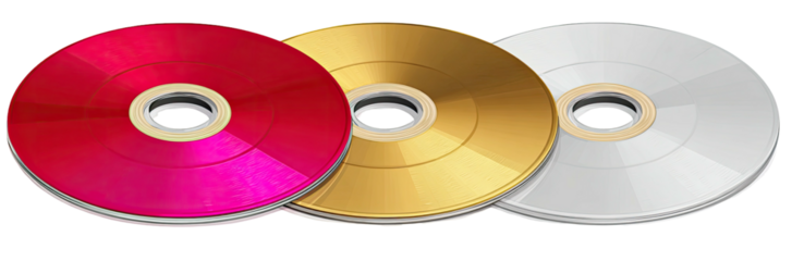 Three optical disc storage media in various colors, arranged side-by-side with a glossy finish