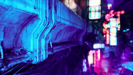 Bright neon signs cover the walls of a bustling alleyway. Colorful lights create a lively...