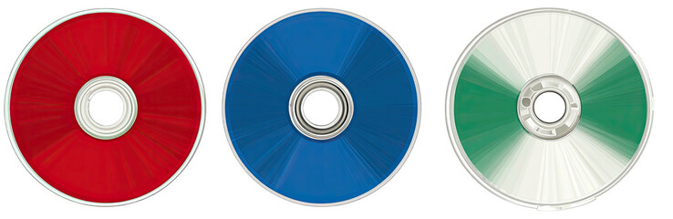 Three optical disc storage units, colored red, blue, and green, with radial patterns, and silver centers