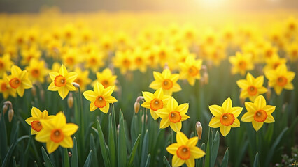 Obraz premium Field of bright yellow daffodils glowing in warm sunlight, densely clustered with green stems and leaves, creating a soft, serene springtime landscape with a gentle golden haze in the background. 