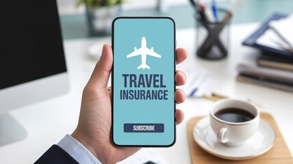 Person holding smartphone with travel insurance application on screen in modern office setting with coffee cup with technology and business and online with service
