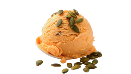 Creamy orange ice cream with green pumpkin seeds isolated on transparent background cut out