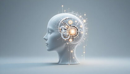 Futuristic human head with glowing neural network connections