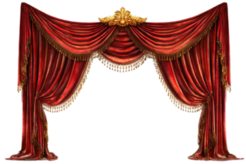 Luxurious, ornate red stage curtains, with intricate gold embellishments and fringe, on a black background