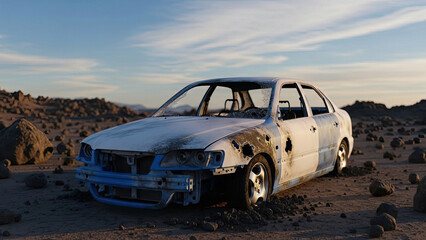 Abandoned White Car in Desert with Bullet Holes and Damaged Exterior abandoned car damaged car