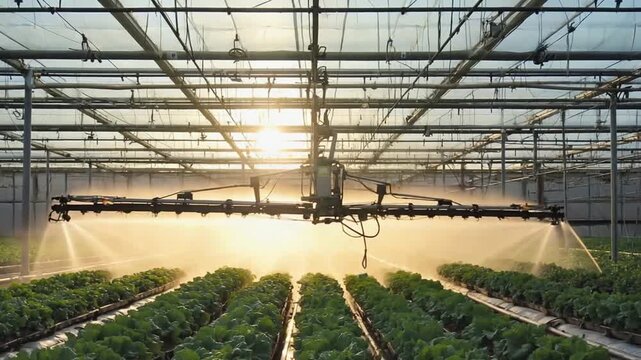Robot watering the crop in the greenhouse.