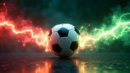 Fototapeta premium Classic black‑and‑white soccer ball centered on a reflective surface, surrounded by vivid red and green lightning arcs that flare outward against a dark, smoky backdrop, creating a dramatic, high‑ener