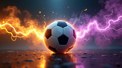Fototapeta premium Classic black‑and‑white soccer ball on a reflective surface with vivid orange lightning on the left and vibrant purple lightning on the right, set against a dark, glowing backdrop to create a dramatic