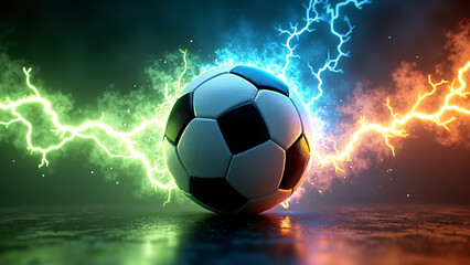Fototapeta premium Classic black‑and‑white soccer ball on a reflective surface, surrounded by vivid lightning bursts—green on the left and blue shifting to orange on the right—set against a dark backdrop for a dramatic,