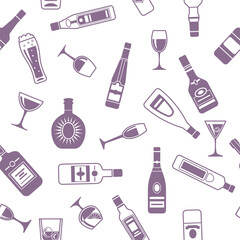 Bottles pattern. seamless background with alcoholic drinks bottles silhouettes