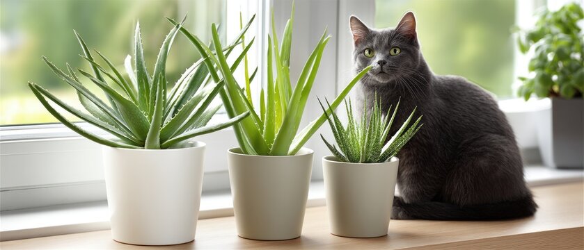 Black and white cat with green eyes next to aloe vera plant in flower pot on wall background with space for text